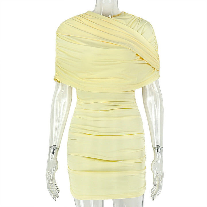 Slimming Solid Color Women Pleated Simple Fashionmonger Hip Dress Shopping Waist Travel Short Dress