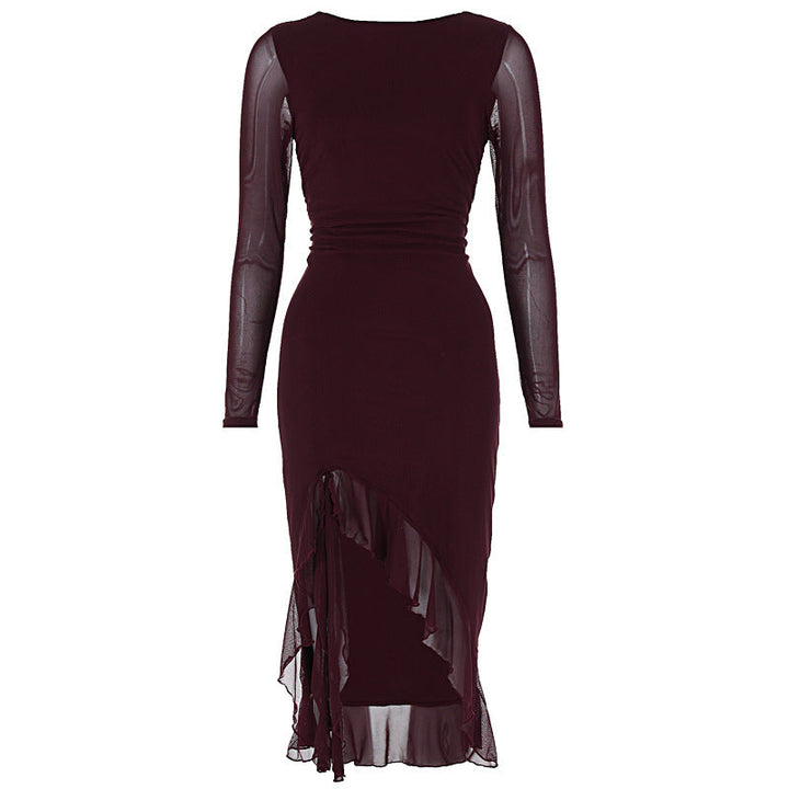 Women Clothing Summer Mesh Long Sleeve Backless Slit Ruffled Dress