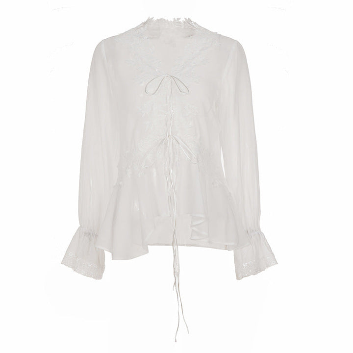 Elegant Pure Lace Chiffon Patchwork Tie Neck Flared Sleeves T shirt Vacation Swing Smock Top
