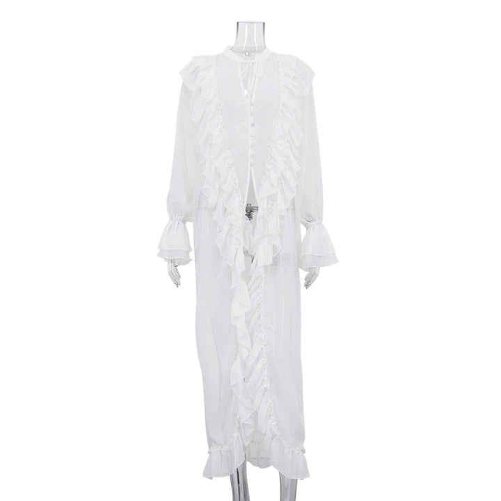 Women Clothing Design Ruffled Chiffon Dress Sexy Sheer Long Sleeve Single Breasted Sexy Dress