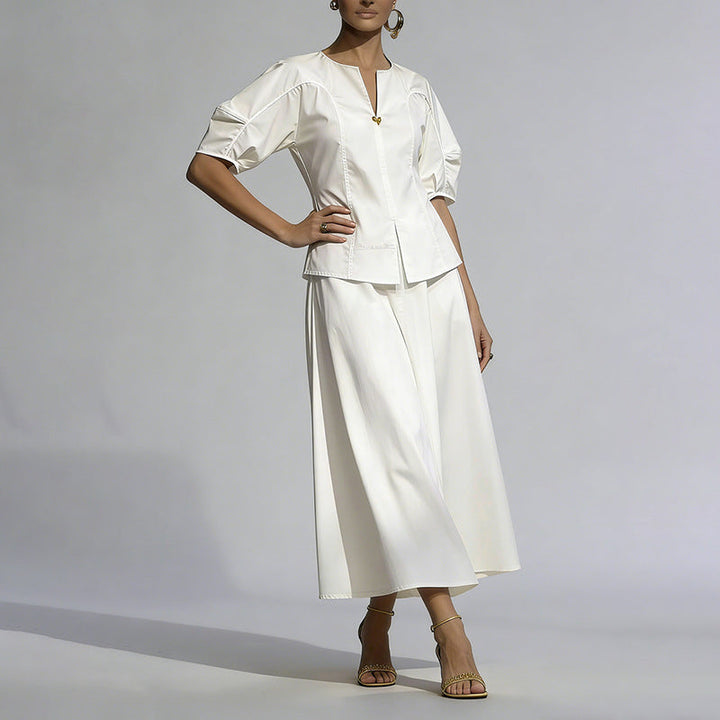 Office Two Piece Sets V neck Heart Shaped Buckle Waist Controlled Top Solid Color Mid Length Skirt Two Piece Sets