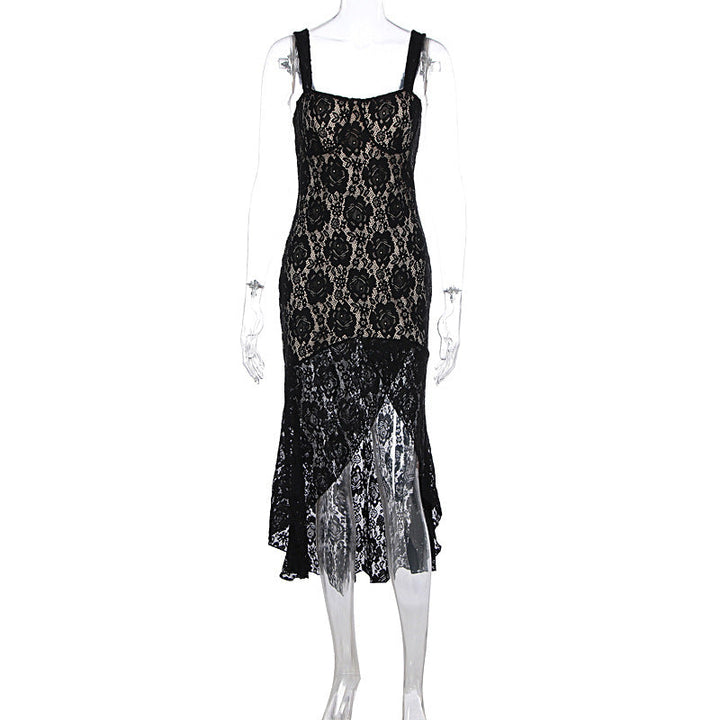 Women Clothing Sexy Lace Sling Slim Fit See through Split High Grade Dress Women