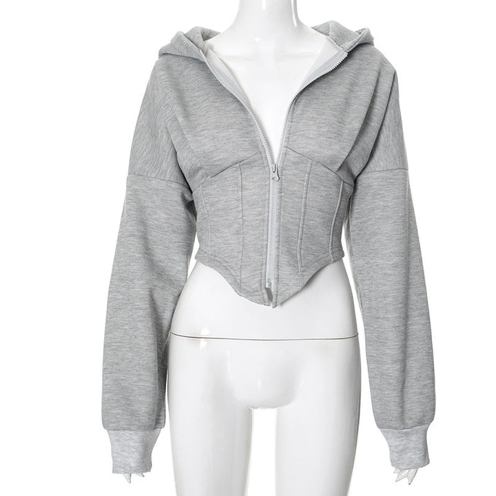 Women Autumn Winter Casual Zipper Long Sleeve Hooded Cardigan Cropped Coat Top