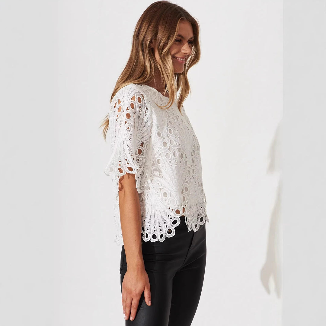 Hollow Out Cutout Crocheted Fringed Sweater Women Summer Figure Flattering Outerwear Short-Sleeved Lace Shirt Top