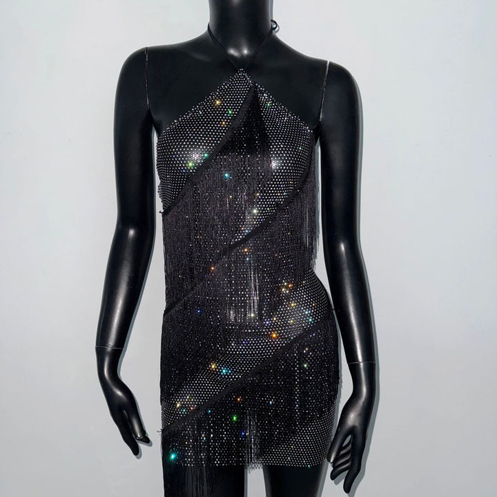 Sexy Slim Fit Sexy Dress Party Cami Dress Rhinestone Fishnet Dress Music Festival Wear Match Halterneck Dress Women