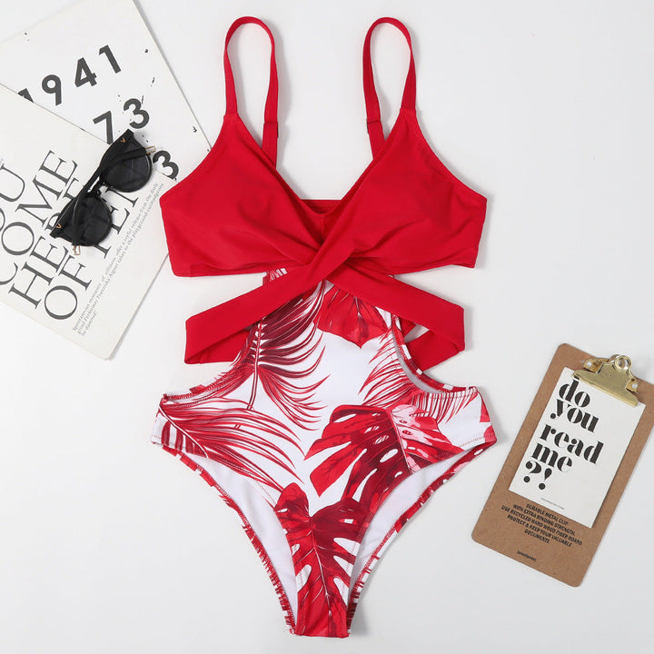 One-Piece Leaf-Shaped Floral Color Matching Women Swimsuit Lace-up Sexy Triangle Bikini