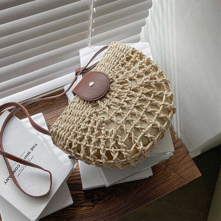 Fresh Hollow Out Cutout Semicircle Straw Bag Shoulder Crossbody Casual Straw Bag Woven Bag Vacation Beach Bag