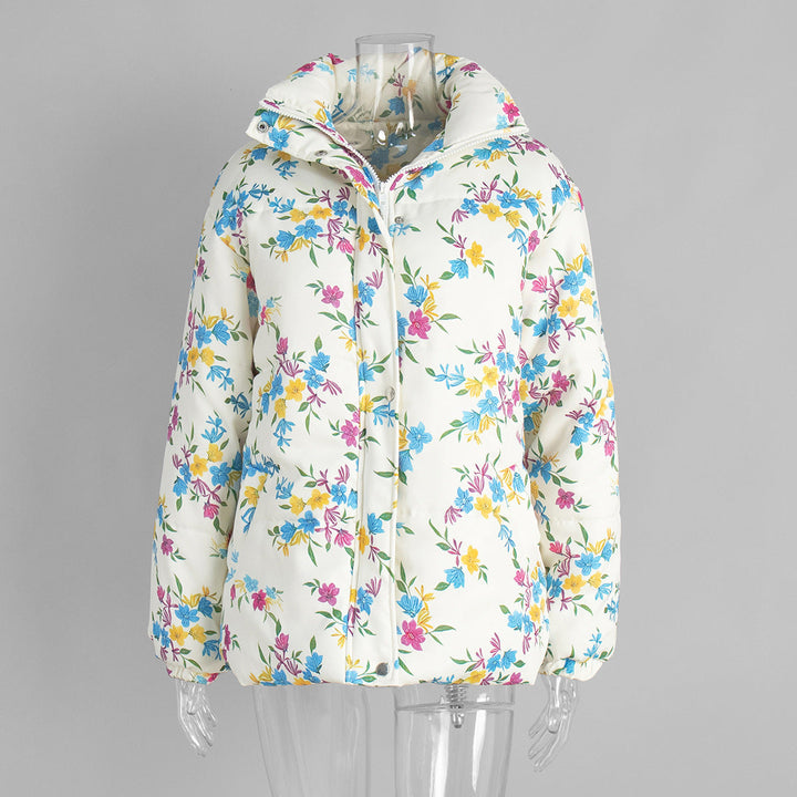 Printed Cotton Padded Jacket Coat Women Autumn Winter Stand Collar Zipper Cotton Padded Jacket Thermal Cotton Padded Coat Women