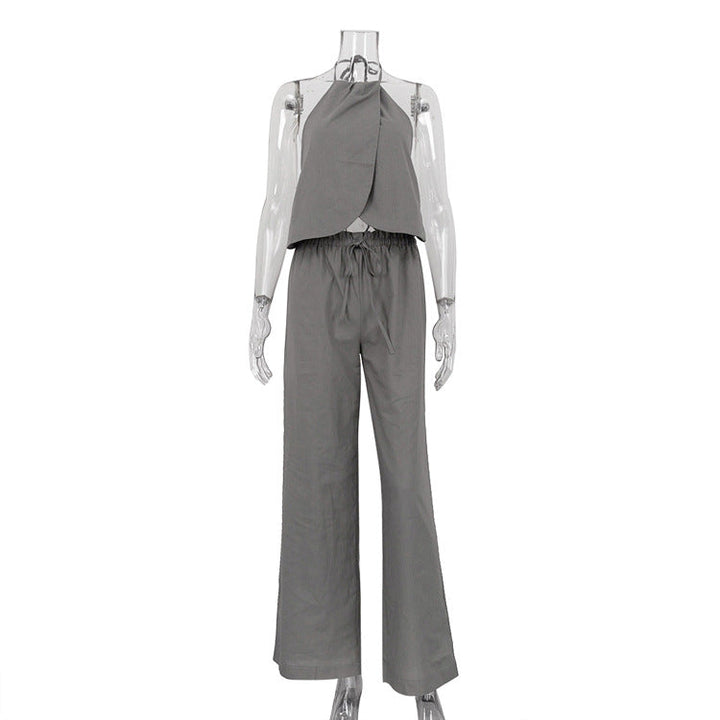Summer Sexy Two Piece Suit Lace Up Halterneck Vest Sleeveless Top Women Wide Leg Pants Suit