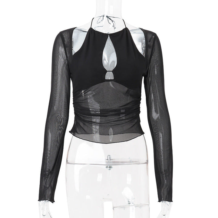 Summer Women Mesh Stitching Hollow Out Cutout Irregular Asymmetric Slim Fit Slimming Long Sleeve Top