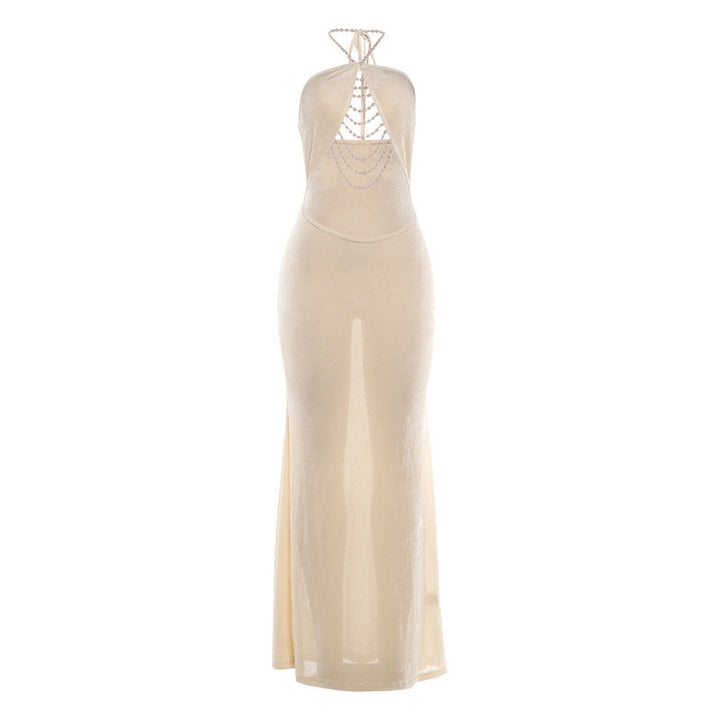 Summer Women Clothing Sexy Halter Backless Pearl Decorative Sexy Cropped Sheath Dress