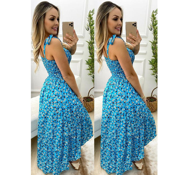 Spring Summer Pleated Strap Floral Dress Home Loose Lace up Large Swing