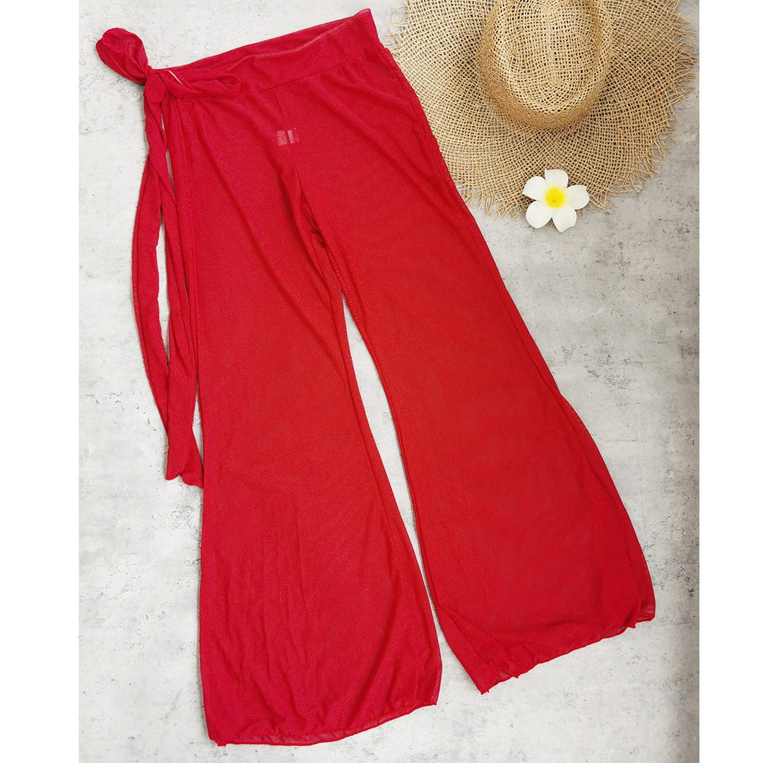 Solid Color Adjustable Pleating Bikini Sexy Lace up Backless Gauzy Trousers Set Split Swimsuit Women