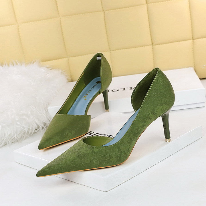 Fashionable Sexy Figure Flattering Side Hollow Out Cutout High Heels Stiletto Heel Cloth Surface Shallow Mouth Pointed Toe Super High Heel Pumps