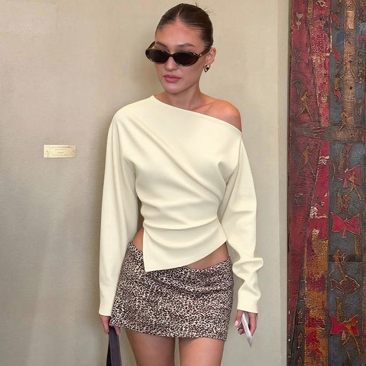 Women Clothing Summer Simple Shoulder Stretch Slim Fit Slit Long Sleeve T shirt Top