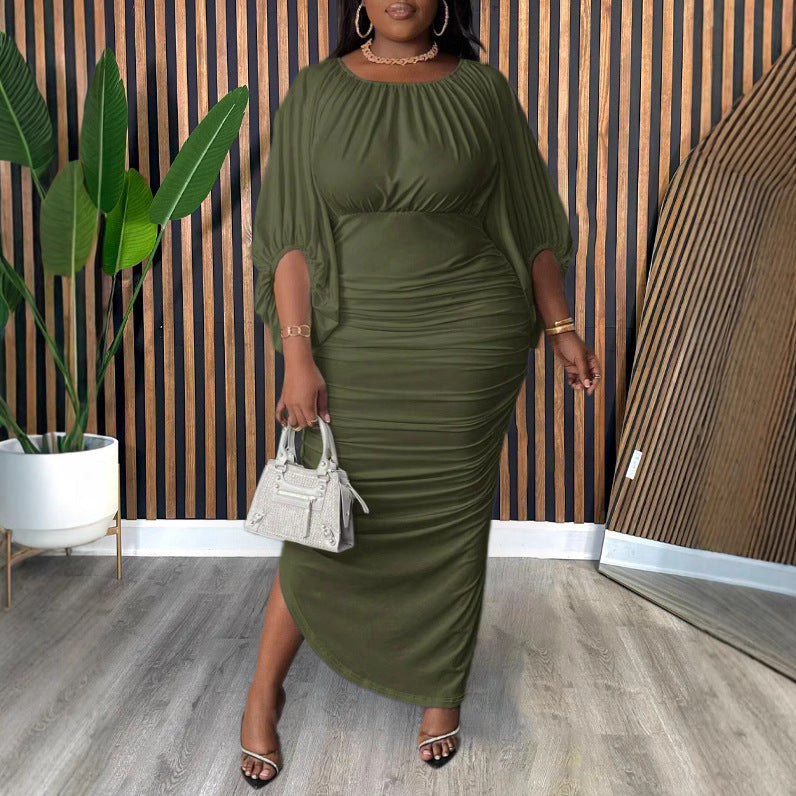 Plus Size Women Clothing Fashionable Elegant Solid Color round Neck Raglan Sleeves Fashionable Pleated Dress