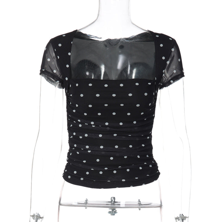 Summer Retro Sexy Polka Dot Print Tube Top Stitching Voile Short Sleeve Top for Women