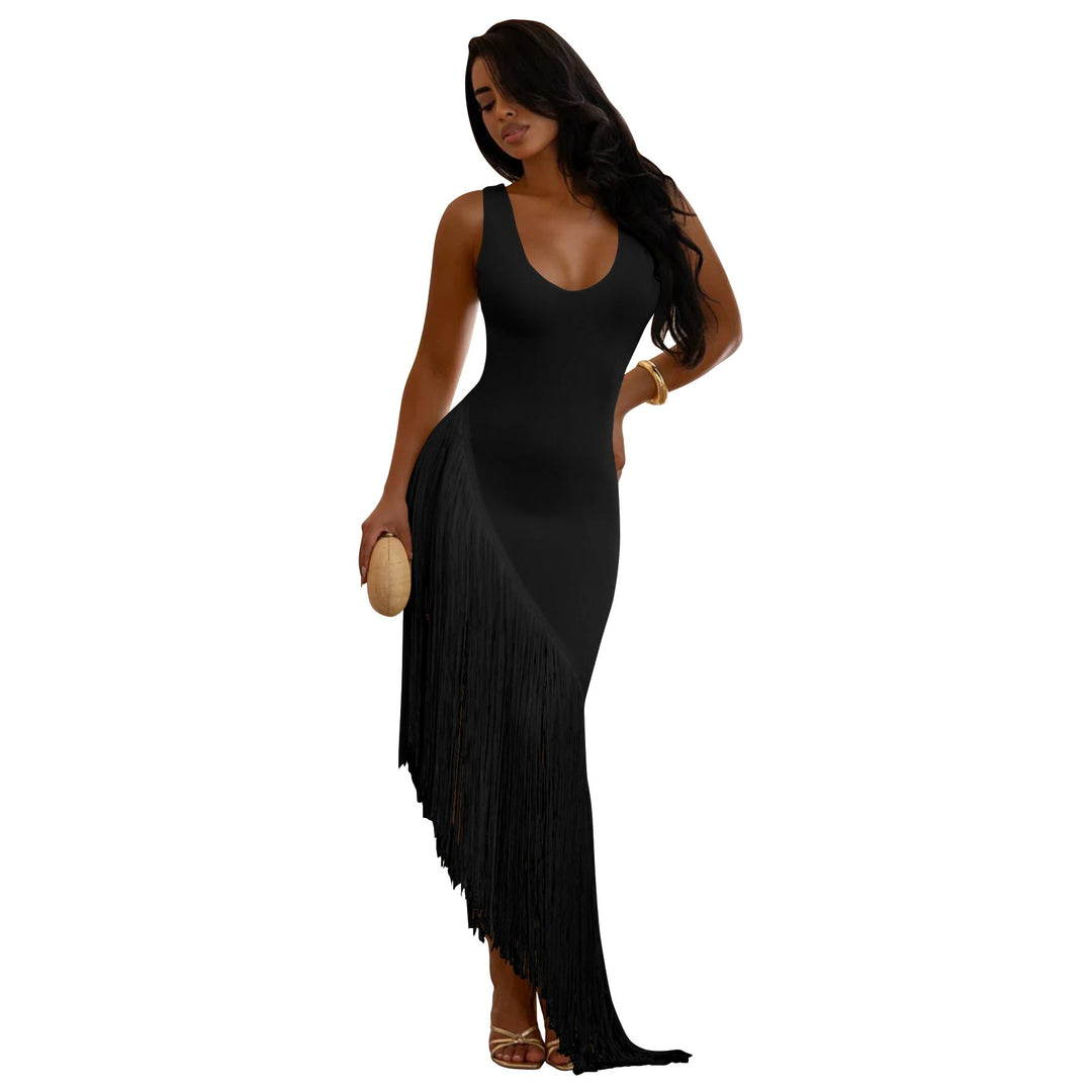 Women Sexy Strap Backless Tassel Stitching U Neck Dress