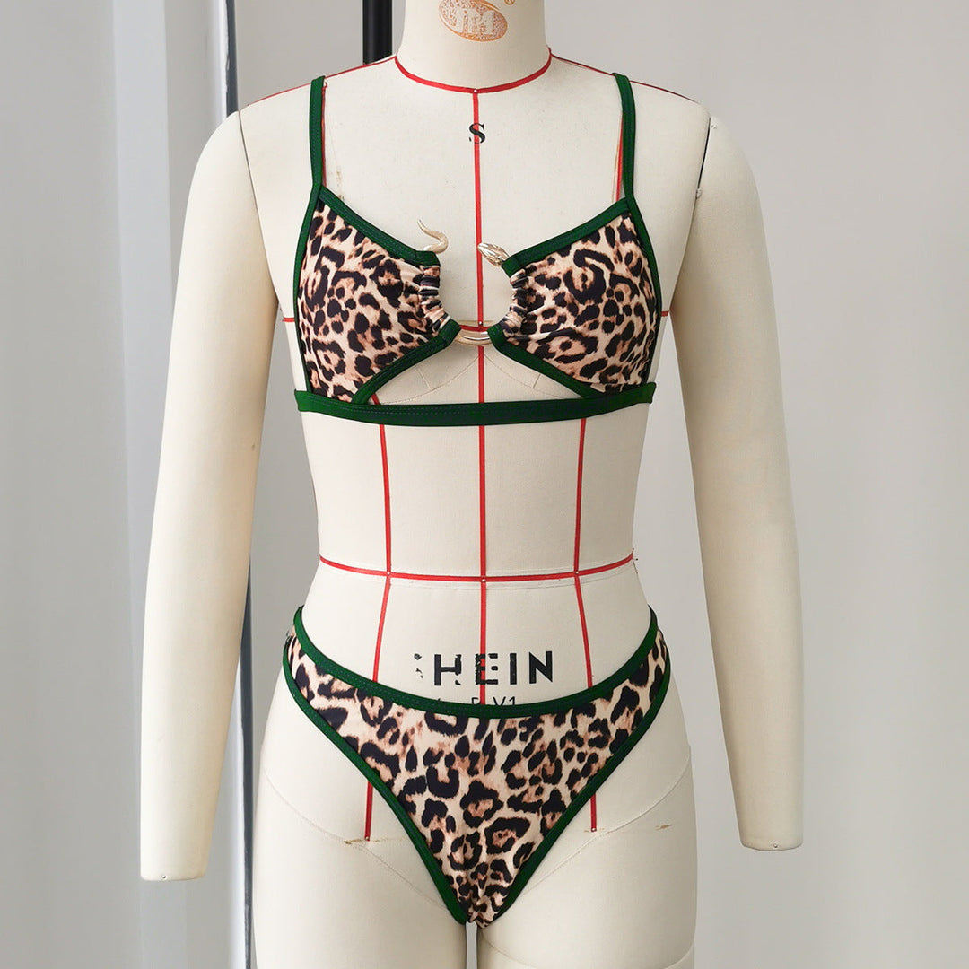High Slit Low Waist Briefs Bikini Sexy Leopard Print Hollow Out Cutout out Strap Split Swimsuit Women Bikini