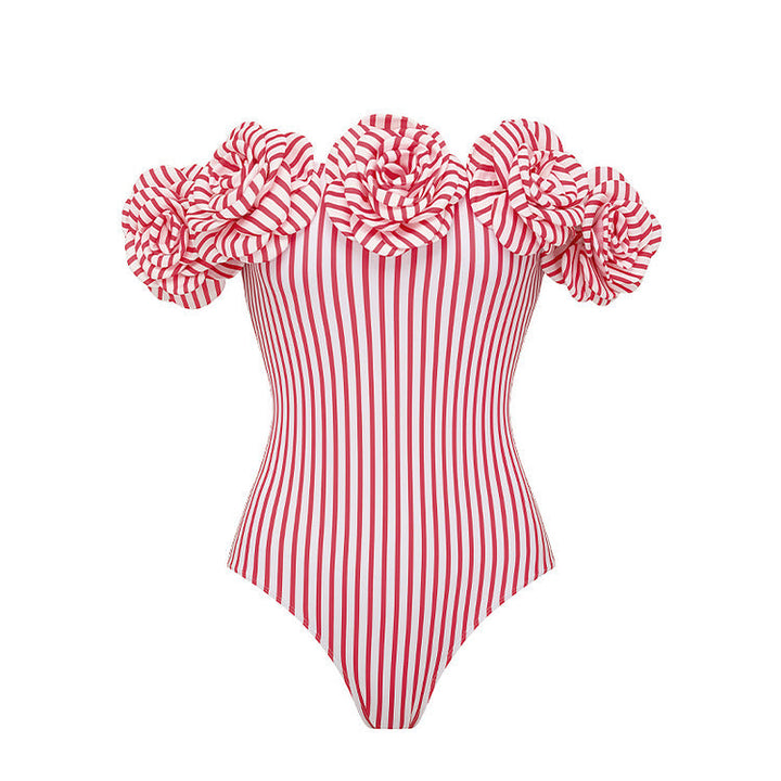 Swimsuit Tube Top 3D Floral Decorative Striped One Piece Swimsuit Women