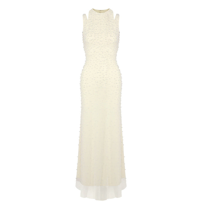 Pearl Tassel off the Shoulder Fishtail Dress Heavy Industry Beads Slim Slimming Dinner Dress for Women