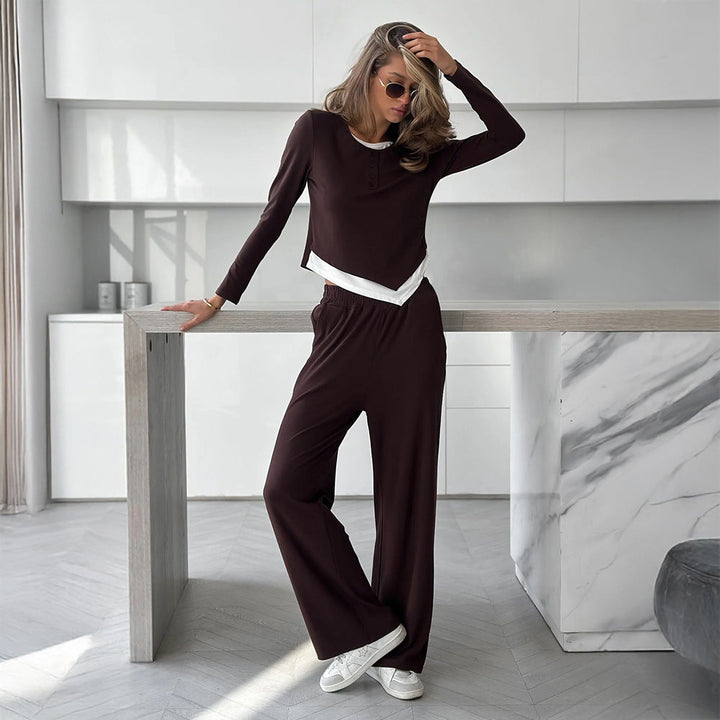 T shirt Trousers Autumn Faux Two Piece Top Two Piece Pants Casual Set Women