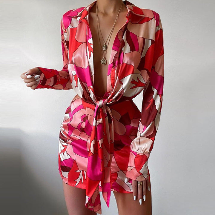 Summer Sexy Women Wear Collared Print Long Sleeve Narrow Shirt Dress