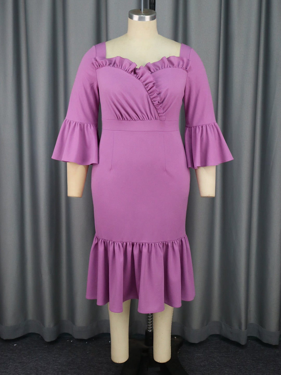 Purple Square Collar Flared Fishtail with Wooden Ears Elegant V Back Dresses