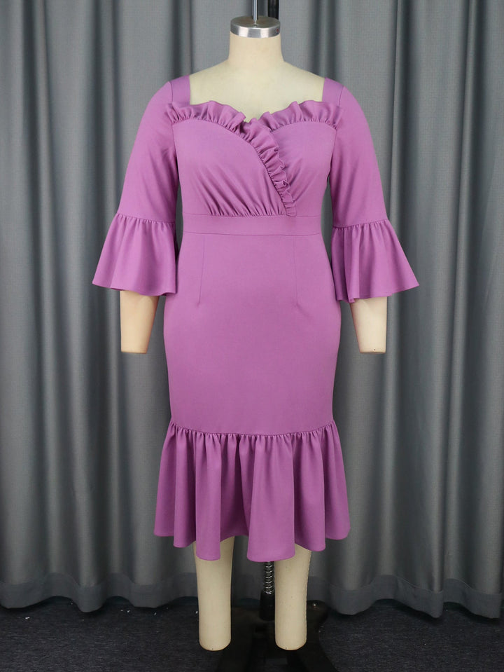 Purple Square Collar Flared Fishtail with Wooden Ears Elegant V Back Dresses