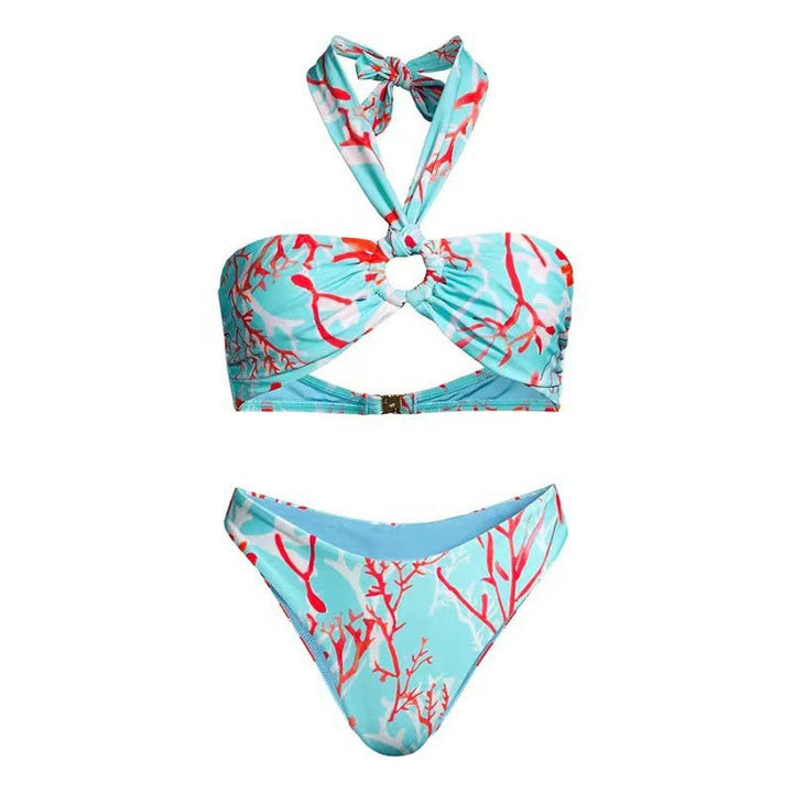 Bikini Halter Sexy Print Gauze Skirt Split Swimsuit Three Piece Set
