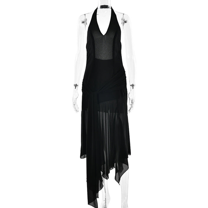 Summer Halter Chiffon See through Dress Sexy Deep V Plunge Ribbon Dress