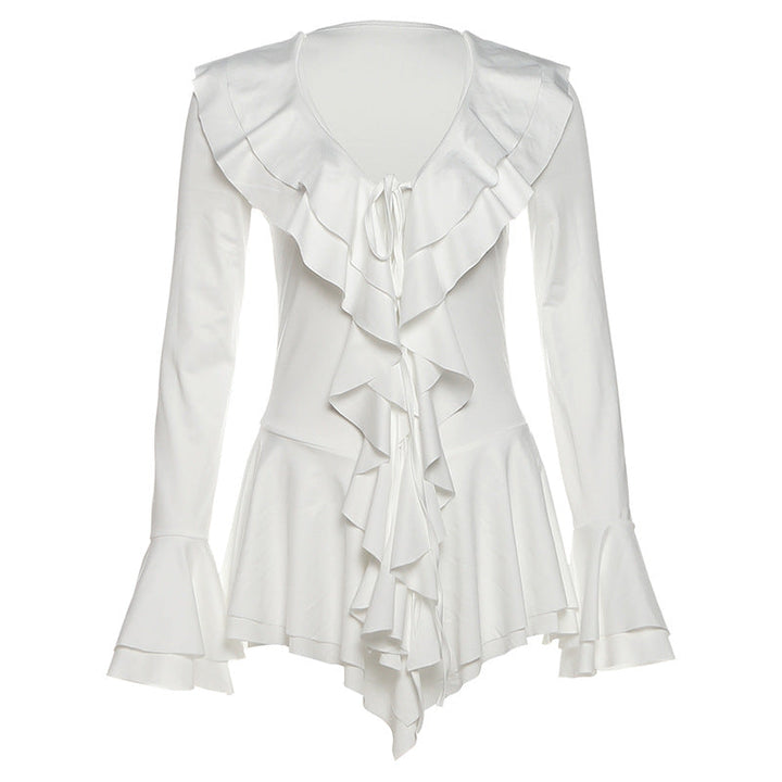 Fall Women Clothing V neck Slim Fit Tied Ruffled Flare Sleeve Dress