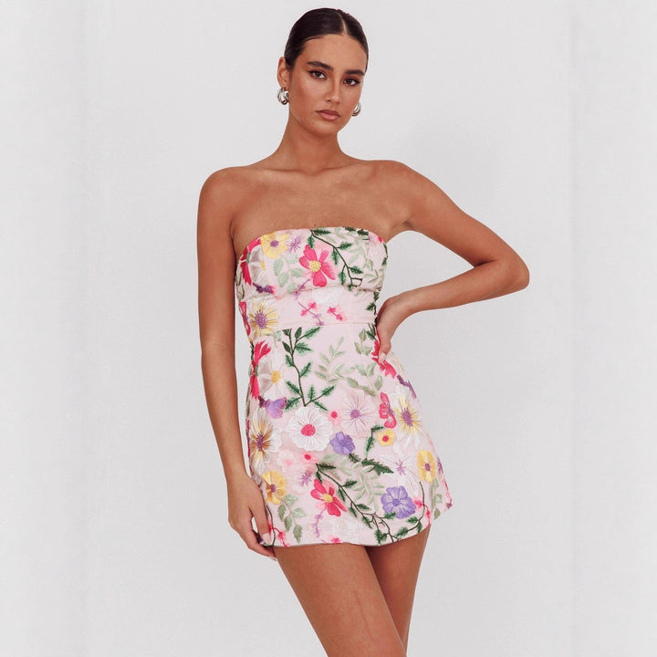 Women Slim Fit Bandeau Sling Short Niche Floral Dress