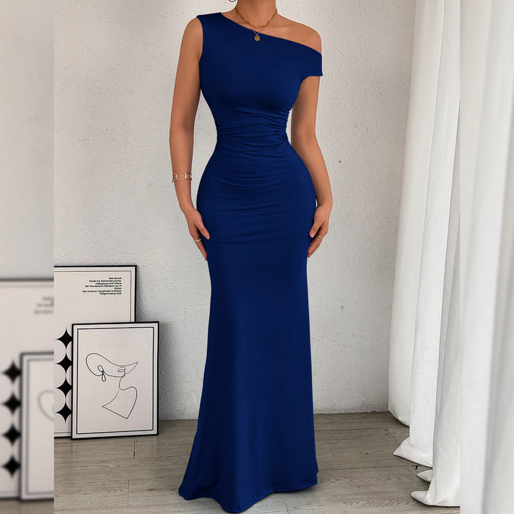 Women Fishtail Dress Slant Shoulder Collar Waist Pleated Sleeveless Sexy Dress