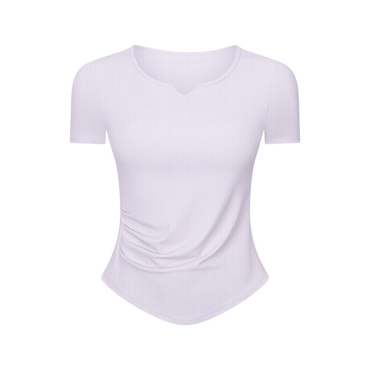 Stripe Rib Pleated Small V neck Sports Short Sleeve Women Fitness Running Slim Slimming Yoga Jacket