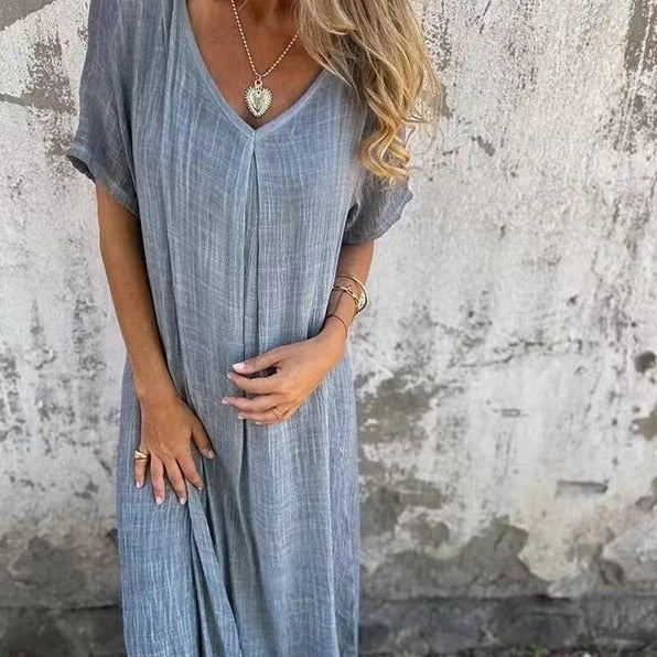 Cotton Linen V neck Semi Formal Dress
