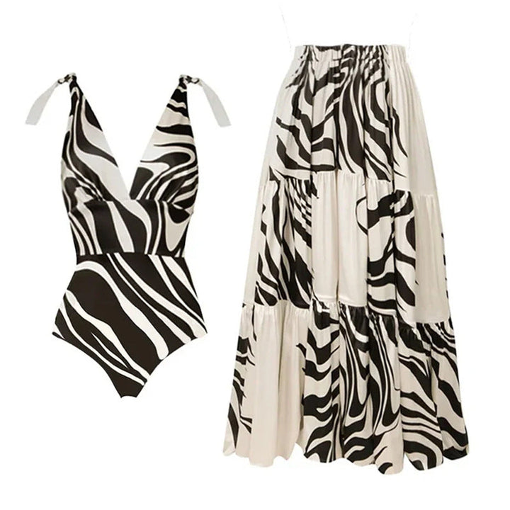 Bow Bandage One Piece Swimsuit Women Beach Vacation Two Piece Sets Skirt