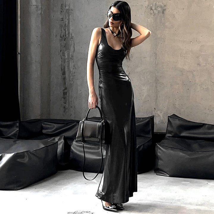 Women Clothing Winter U Collar Solid Color Split Vest Dress