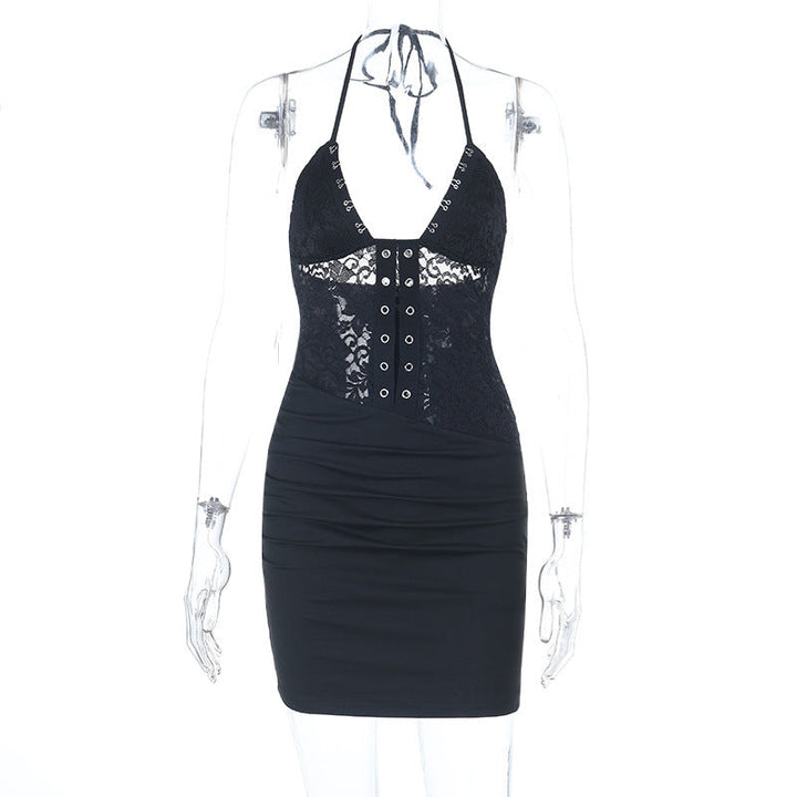 Sexy Lace Sling Dress Summer V neck Backless Lace up Sheath Dress