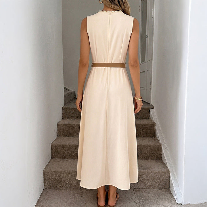 Simple Elegant Beaded round Neck Cinched Sleeveless Dress