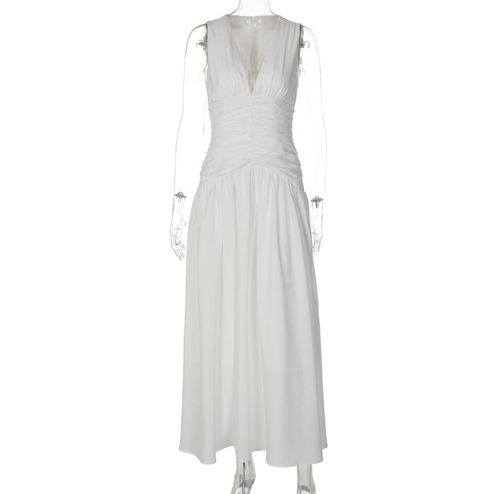 French Sexy V Neck Waist Cinching Pleated A Line Long Elegant Women Dress