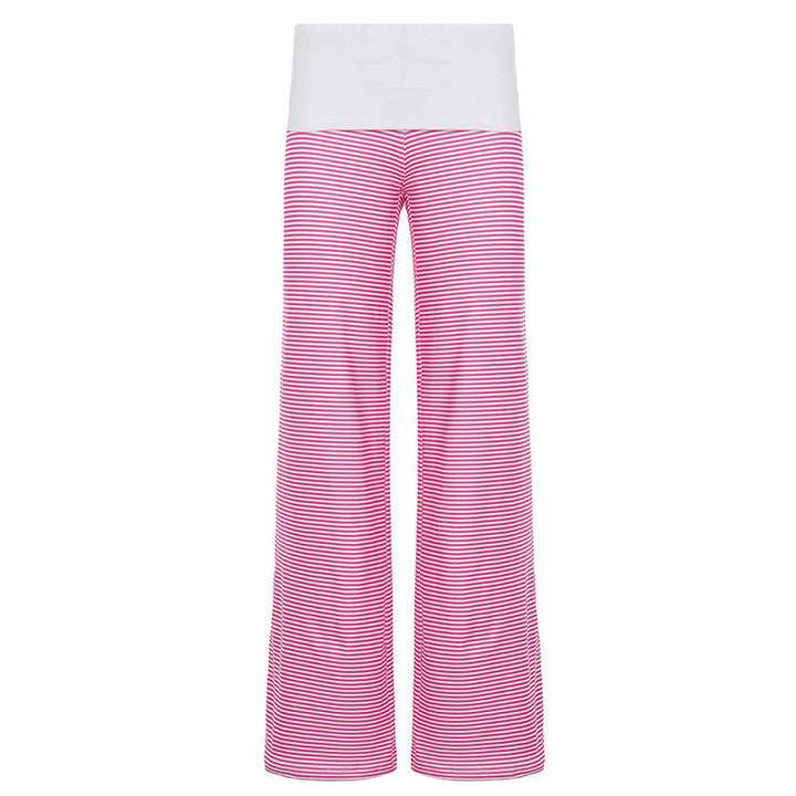 Women Clothing Casual Pajamas Trousers Turn Waist Contrast Color Stripes Knitted Trousers All Match Smooth Straight Leg Trousers