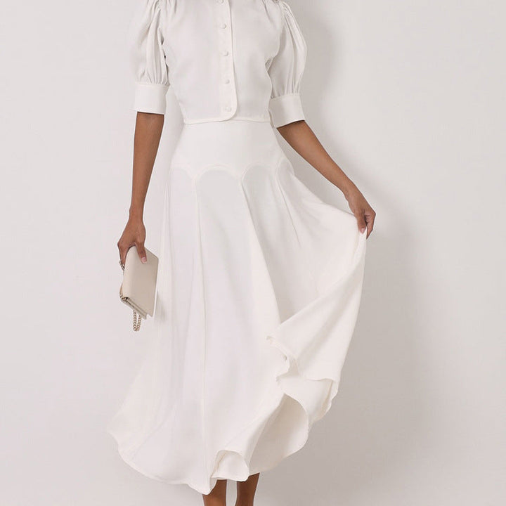 Women Clothing Satin High Grade Skirt Set round Neck Short Sleeve Cardigan Top Elegant Two Piece Set