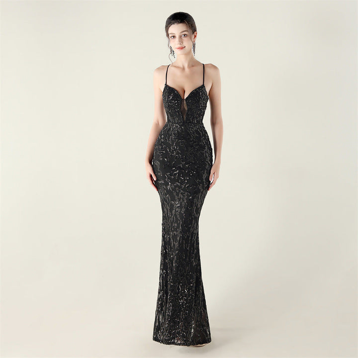 Beaded Embroidery Sequined Waist Trimming Lace up Deep V Plunge Heart Strap Evening Dress Cocktail Party