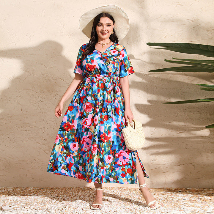 Colorful Rose Holiday Dress V Neck Short-Sleeved Chiffon Dress