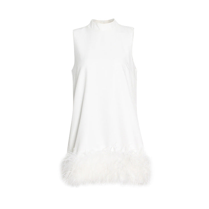 Australian Brand Design Short Autumn Stand Collar Sleeveless Solid Color Stitching Hem Feather Dress