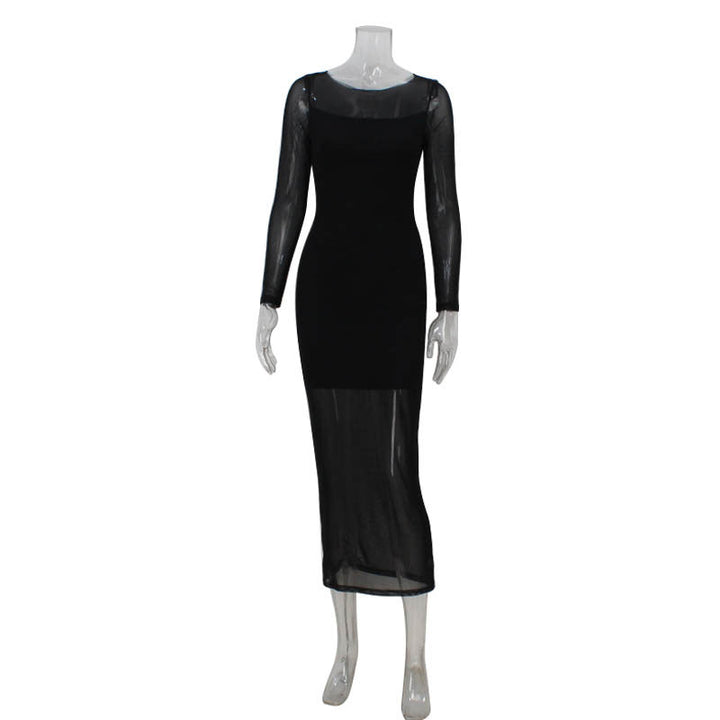 Women round Neck Long Sleeve Slim Fit Figure Flattering Dress Sexy Mesh Stitching Red Carpet Dress