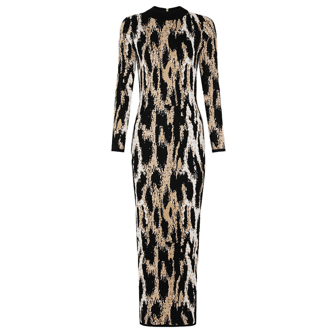 Spring Sexy Sexy Trendy Waist Slimming Leopard Print Turtleneck Sheath Dress Women