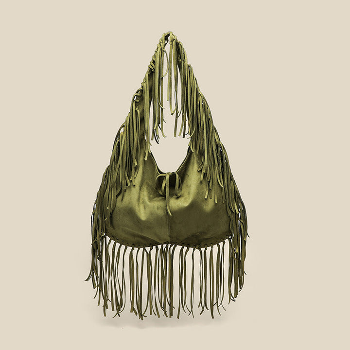 Tassel Large Capacity Tote Crescent Trendy One Shoulder Women Bag Casual Simple Crossbody Suede Retro Dumpling Bag
