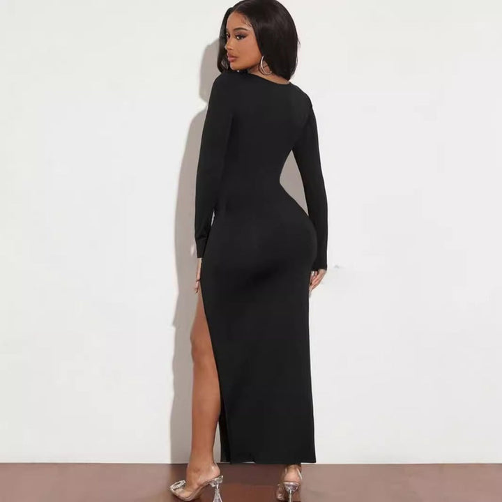 Women Clothing Autumn Square Collar Long Sleeve Solid Color Split Sexy Slim Fit Slimming Dress
